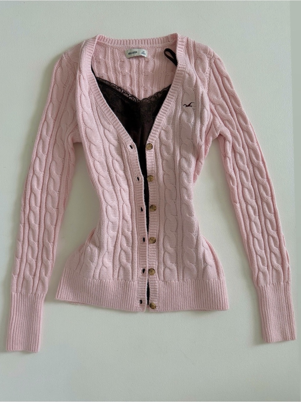Hollister Soft Pink Cable Knit V-Neck Cardigan with Gold Buttons